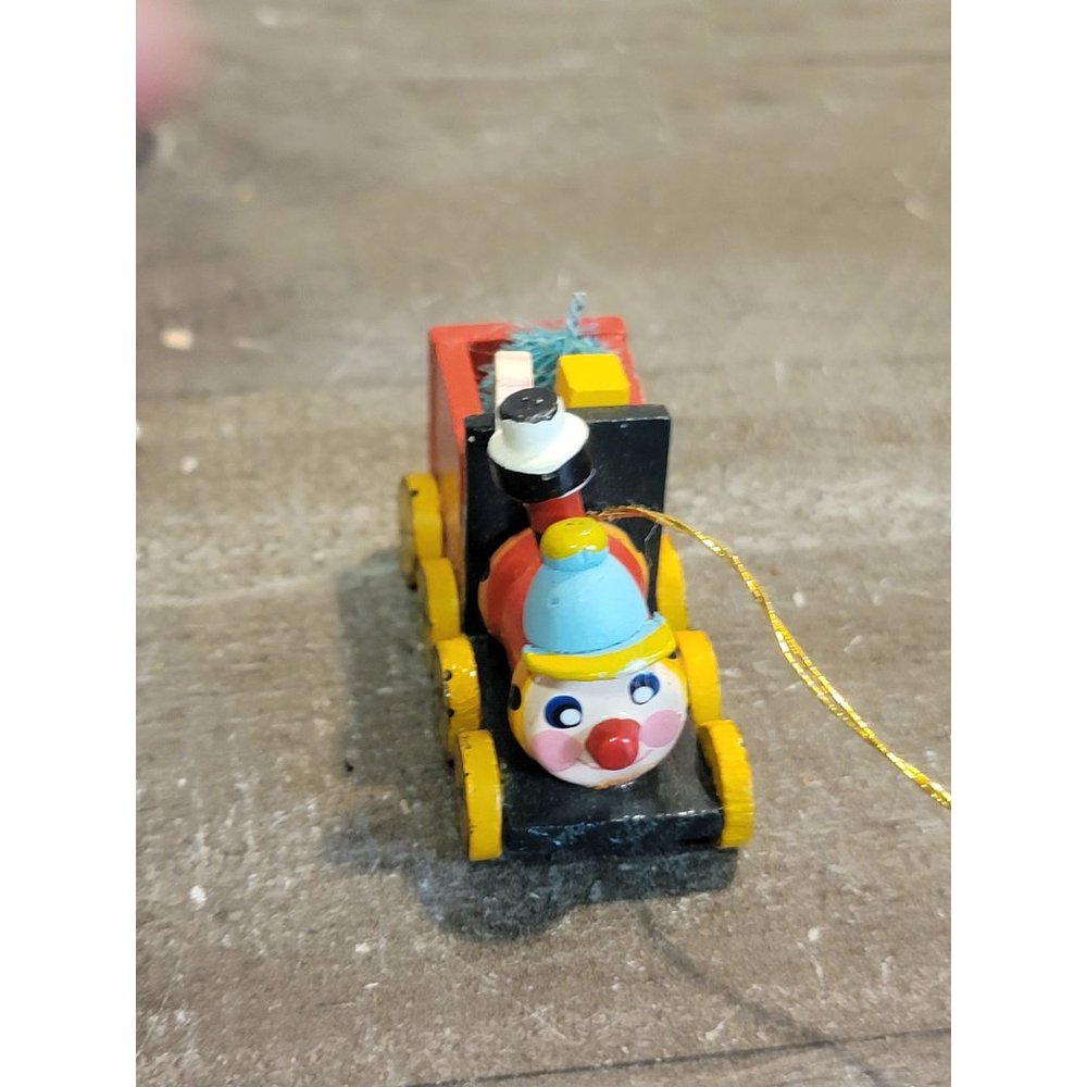 Wooden happy smiling train Xmas ornament pine tree candy cane decor